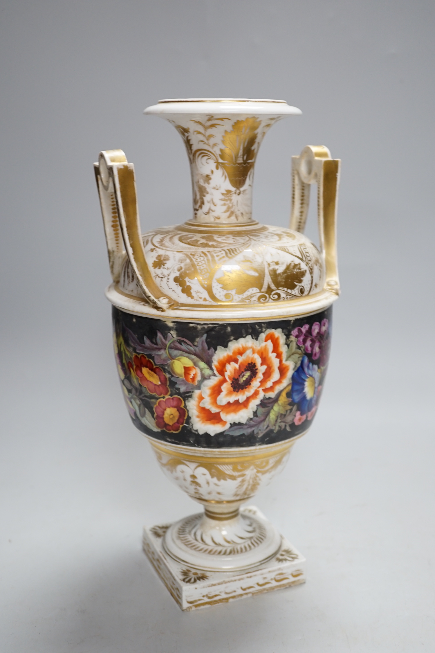 A Derby vase, gilding with floral decoration, painted by William 'Quaker' Peg, c.1820, 31cm high